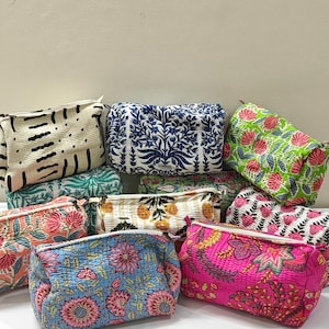 Pochette cosmetica trapuntata da 7 pollici, trousse da viaggio in cotone con stampa a blocchi, pochette per il trucco, regalo per damigella d'onore, regalo per le feste, pochette da viaggio