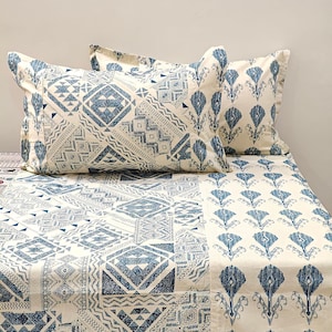 Hand Block Printed Cotton Bedsheet With 2 Reversible Pillow Covers, Twin Size Soft Cotton Fitted Bedsheet, Flat Sheet Set, Gift for Mom