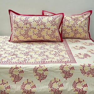 Hand Block Printed Cotton Bedsheet with 2 Pillow Covers, King Size Flat/Fitted Bedsheet Set for Home Decor, Housewarming Gift