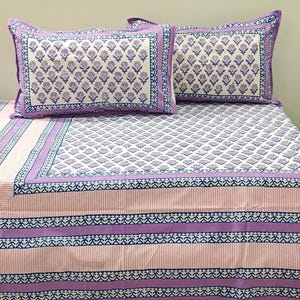 Jaipuri Hand Block Floral Printed Fitted/Flat Sheet with 2 Pillow Covers, Pure Cotton Hand Printed King Size Bedsheet Set for Home Décor