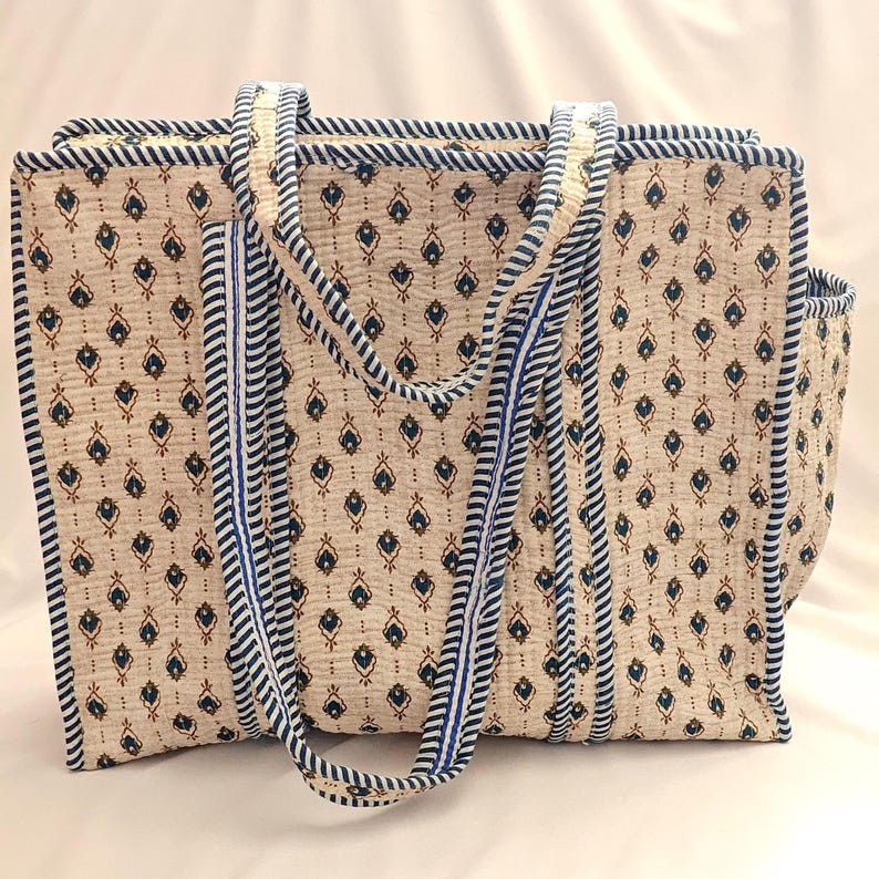 May include: A beige tote bag with a repeating pattern of blue and brown diamond shapes. The bag has blue and white striped handles and trim. A small pocket is visible on the side of the bag.