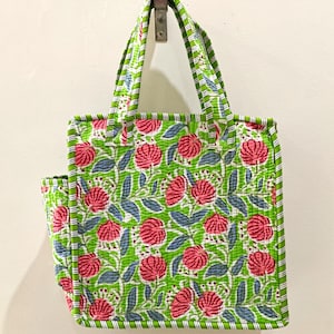Quilted Cotton Mini tote bag Hand block printed small lunch bags, picnic shoulder bag, bridesmaids gifts, Handmade Birthday Gift for her Design 3