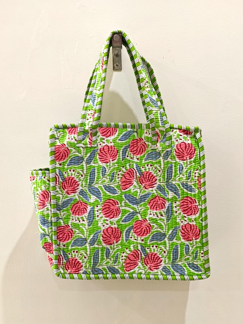 Quilted Cotton Mini tote bag Hand block printed small lunch bags, picnic shoulder bag, bridesmaids gifts, Handmade Birthday Gift for her Design 3