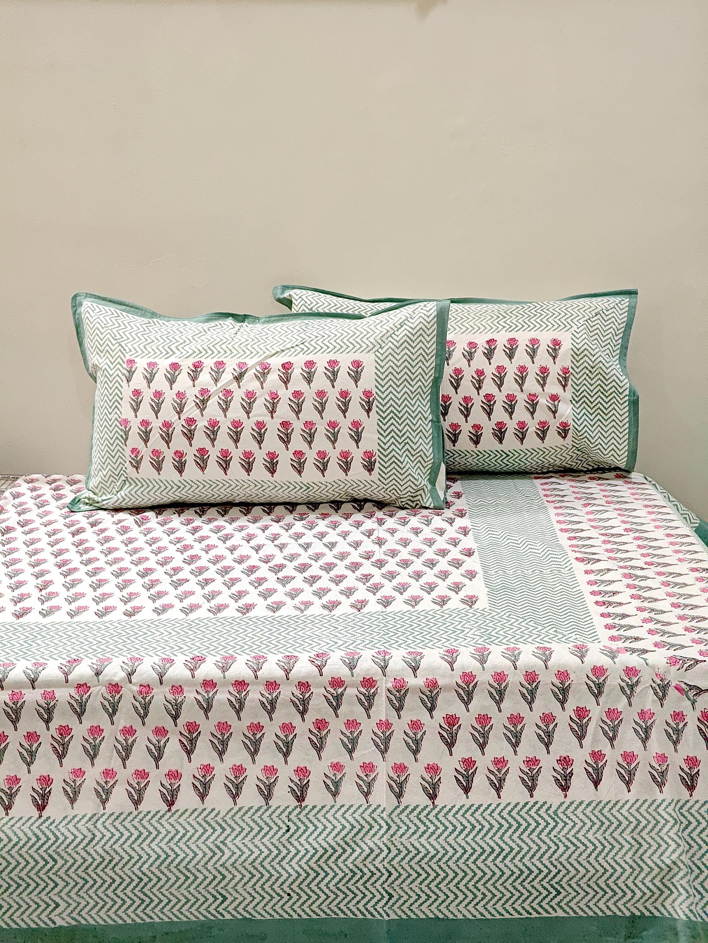 Hand Block Printed Cotton Double Bedsheet 108x108 King Size Pink Floral with 2 Pillow Covers