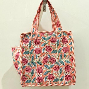 Quilted Cotton Mini tote bag Hand block printed small lunch bags, picnic shoulder bag, bridesmaids gifts, Handmade Birthday Gift for her Design 2