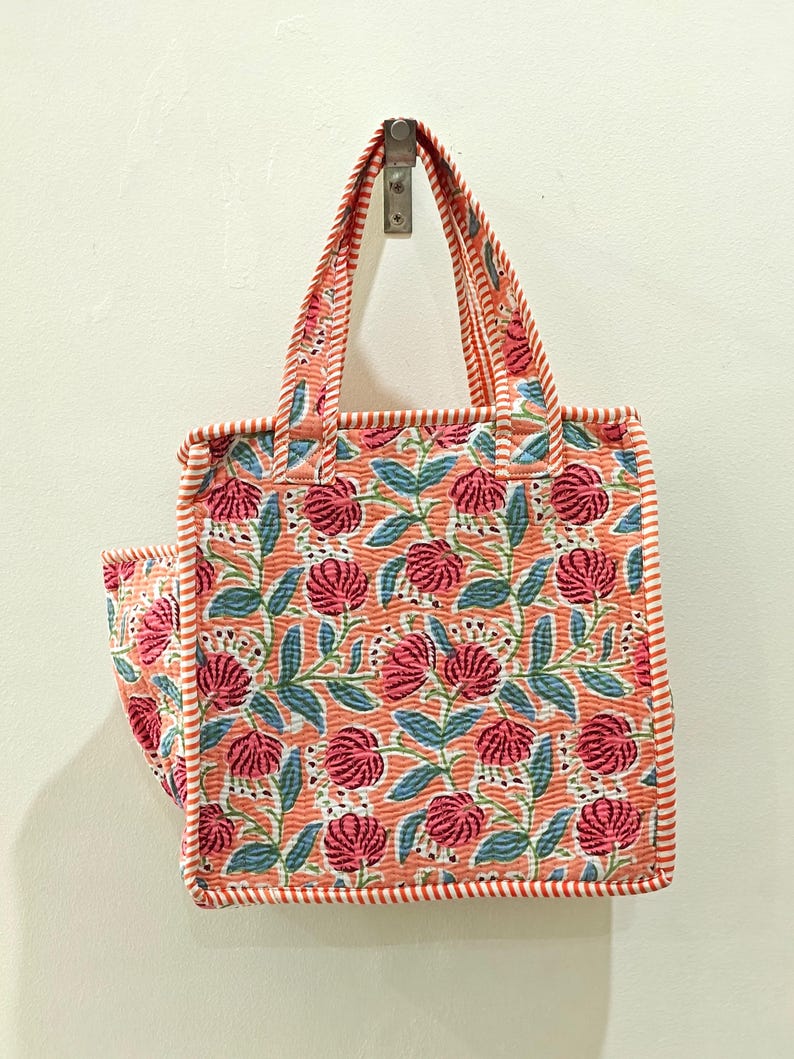 Quilted Cotton Mini tote bag Hand block printed small lunch bags, picnic shoulder bag, bridesmaids gifts, Handmade Birthday Gift for her Design 2