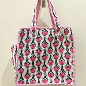 Quilted Cotton Mini tote bag Hand block printed small lunch bags, picnic shoulder bag, bridesmaids gifts, Handmade Birthday Gift for her Design 8