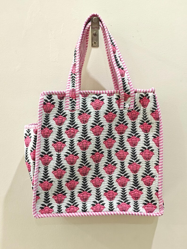 Quilted Cotton Mini tote bag Hand block printed small lunch bags, picnic shoulder bag, bridesmaids gifts, Handmade Birthday Gift for her Design 8