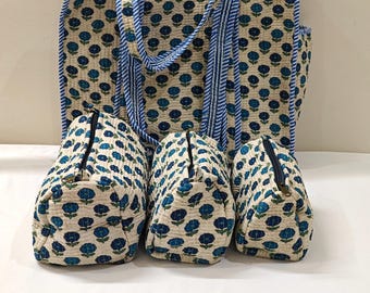 Jaipur Hand Block Print Cotton Quilted Tote Bag Set: Cotton Travel Organizer Set of 3 Toiletry Bag Block Print Travel Accessory Holiday