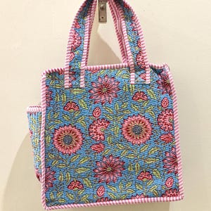 Quilted Cotton Mini tote bag Hand block printed small lunch bags, picnic shoulder bag, bridesmaids gifts, Handmade Birthday Gift for her Design 10