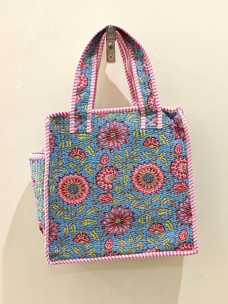 Quilted Cotton Mini tote bag Hand block printed small lunch bags, picnic shoulder bag, bridesmaids gifts, Handmade Birthday Gift for her Design 10