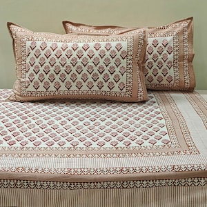 Indian Hand Block Printed Bedsheet with 2 Pillow Covers, Cotton King Size Flat/Fitted Bedsheet for Home Decor, Christmas Decor