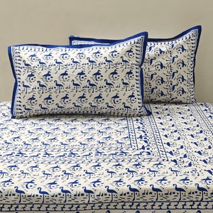 Bed Sheets Hand Block Print Cotton bedding with Pillow Covers, Blue Fitted sheets Flat Cotton Bed Sheet home decor , housewarming gift