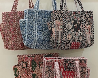 Handmade Quilted Cotton Tote Bag, Block Print Cotton patchwork bag, Travel Shopping Bag, tote shoulder bag, bridesmaid gift , boho beach bag