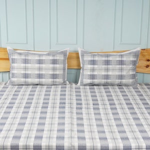 Blue Plaid & Gingham Bedding Set | Flat/Fitted Cotton Bedsheet with 2 Pillow Cases | Trendy Bedroom Décor | Queen Size Bedsheet Set