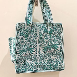 Quilted Cotton Mini tote bag Hand block printed small lunch bags, picnic shoulder bag, bridesmaids gifts, Handmade Birthday Gift for her Design 4