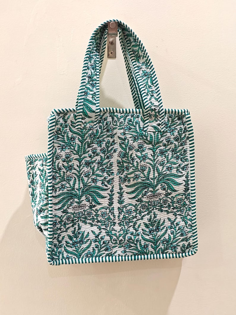 Quilted Cotton Mini tote bag Hand block printed small lunch bags, picnic shoulder bag, bridesmaids gifts, Handmade Birthday Gift for her Design 4