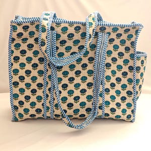 May include: A beige tote bag with a repeating pattern of teal and blue flowers. The bag has blue striped trim and handles. A side pocket is visible. The bag is designed for carrying items.