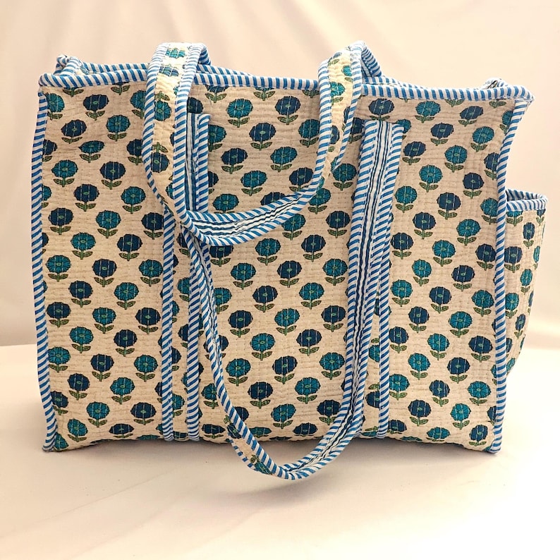 May include: A beige tote bag with a repeating pattern of teal and blue flowers. The bag has blue striped trim and handles. A side pocket is visible. The bag is designed for carrying items.