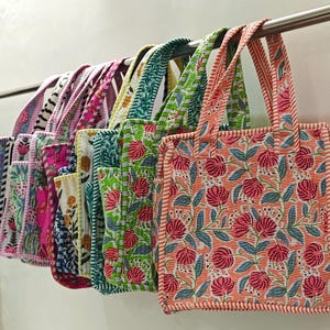 Quilted Cotton Mini tote bag Hand block printed small lunch bags, picnic shoulder bag, bridesmaids gifts, Handmade Birthday Gift for her image 1