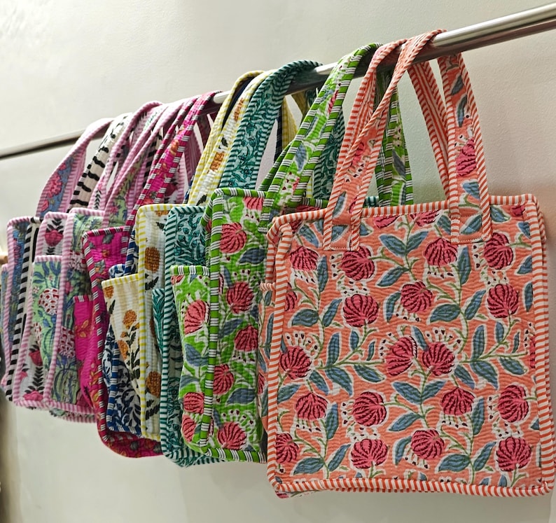 Quilted Cotton Mini tote bag Hand block printed small lunch bags, picnic shoulder bag, bridesmaids gifts, Handmade Birthday Gift for her image 1
