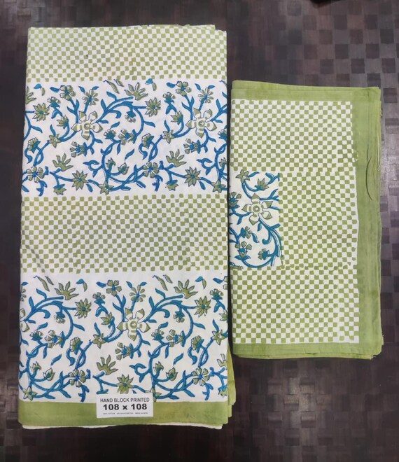 Indian Hand Block Print Bedsheet Set with 2 Pillow Covers, Flat sheet Fitted sheet King Size Floral , Cotton sheet set gift for Home Decor