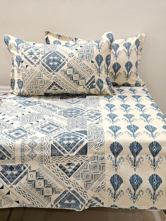 Indian Hand Block Printed Bedsheet With 2 Reversible Pillow Covers, Twin Size Soft Cotton Fitted/Flat Bedsheet Set, Housewarming Gift