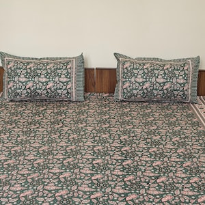Indian bedsheet set , Cotton Bed sheets Reversible Pillow Covers, Floral Printed Queen Size Flat Fitted Bed sheet Set, Housewarming Gift
