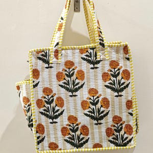 Quilted Cotton Mini tote bag Hand block printed small lunch bags, picnic shoulder bag, bridesmaids gifts, Handmade Birthday Gift for her Design 1
