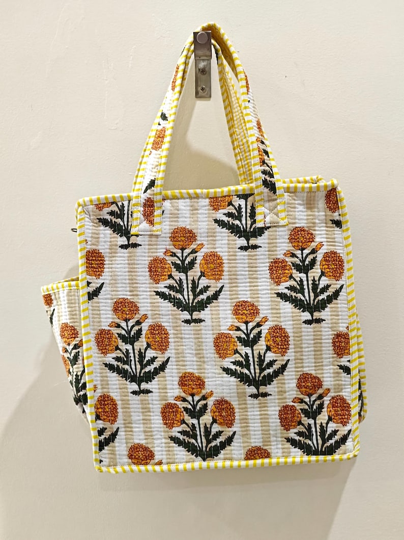 Quilted Cotton Mini tote bag Hand block printed small lunch bags, picnic shoulder bag, bridesmaids gifts, Handmade Birthday Gift for her Design 1