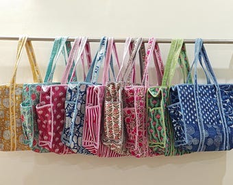 Quilted Block Printed Tote Bag, Shoulder Bags, Grocery Bag, Quilted Bag For Women, Travel Bridesmaid Bag, Carry Bag, Large Shopping Bags