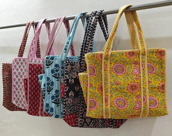 Block Print Quilted Cotton Tote Bag, Handmade Cotton handbag, Indian Shopping Bag, tote shoulder bag, bridesmaid gift , boho beach bag