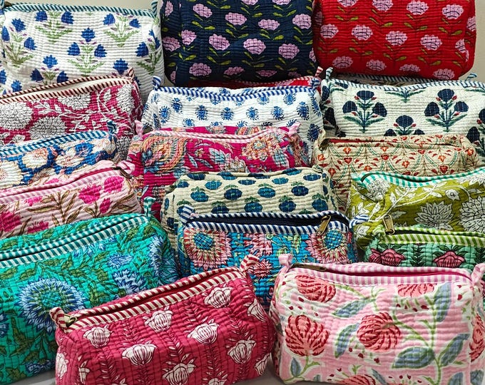 Large Cotton Quilted Hand Block Printed Wash Bag , Ideal Gift , Handmade , Toiletry Bag , Cosmetic Bag Block Print Travel Accessory Holiday