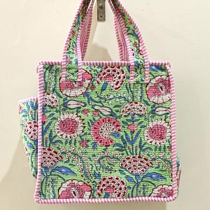 Quilted Cotton Mini tote bag Hand block printed small lunch bags, picnic shoulder bag, bridesmaids gifts, Handmade Birthday Gift for her Design 7