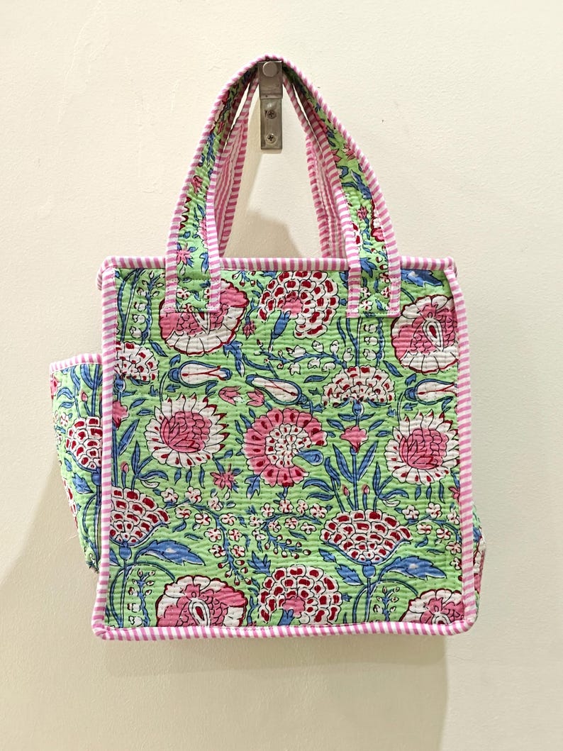 Quilted Cotton Mini tote bag Hand block printed small lunch bags, picnic shoulder bag, bridesmaids gifts, Handmade Birthday Gift for her Design 7