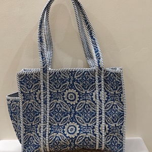 May include: A blue tote bag with a floral pattern and white trim. The bag has a rectangular shape with a side pocket and two handles. The bag is made of a quilted fabric.