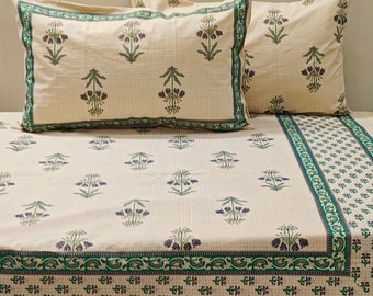 Indian Jaipuri Hand Block Printed King Size Flat Bed Sheet + 2 Pillow Covers Set, Floral Design, Percale Cotton Bedsheet For Home Décor