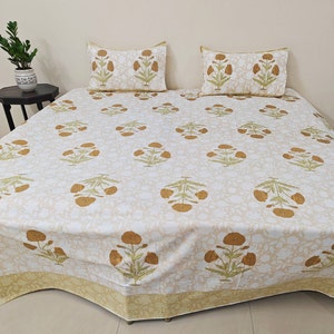 Hand Block Print Flat/Fitted Bedsheet with 2 Pillow Covers, King Size Flower Bouquet Bedsheet, Cotton Bedsheet, Double Bedding Set