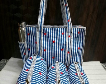 Jaipur Hand Block Print Cotton Quilted Tote Bag Set: Cotton Travel Organizer Set of 3 Toiletry Bag Block Print Travel Accessory Holiday