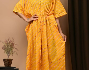 Indian Long Cotton Kaftan, Hand Block Print Caftan Dress, Yellow Dress for Women, Beach Cover Up Wear Dress,Women Night Wear Dress Maxi Gown