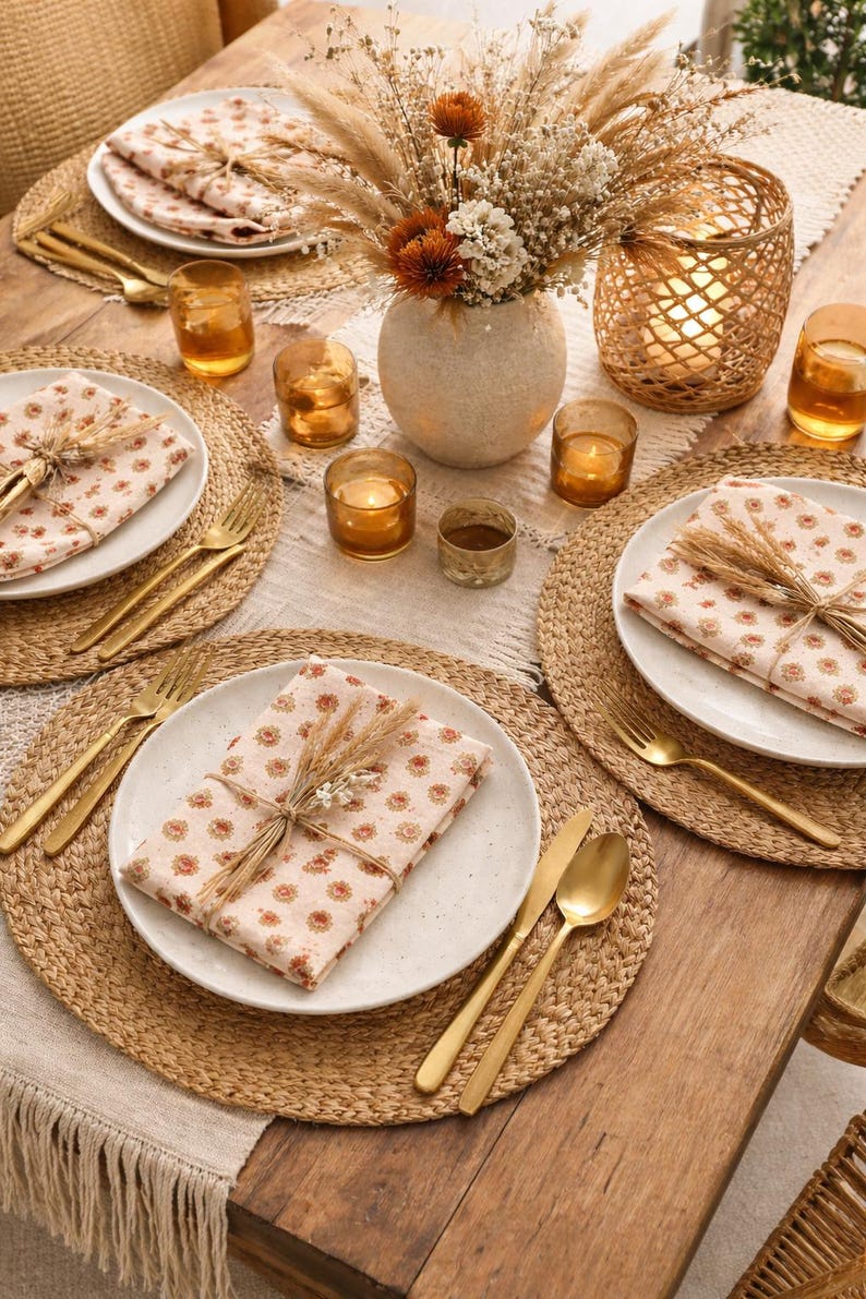 May include: A beautifully set table with woven placemats, white plates, and gold cutlery. Floral patterned napkins are tied with twine. A vase of dried flowers and candles complete the warm, inviting dining scene.