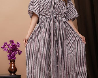 Summer Wear Strip Cotton Kaftan For Beach Cover Up, Indian Hand Block Night Gown, Women's Beach Wear Clothing,  Boho Long kaftan for Her