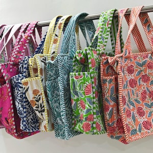Quilted Cotton Mini tote bag Hand block printed small lunch bags, picnic shoulder bag, bridesmaids gifts, Handmade Birthday Gift for her image 16
