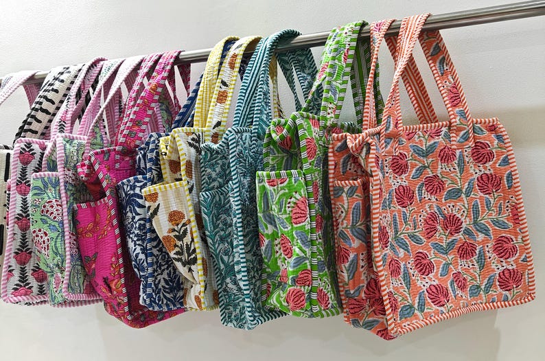 Quilted Cotton Mini tote bag Hand block printed small lunch bags, picnic shoulder bag, bridesmaids gifts, Handmade Birthday Gift for her image 16