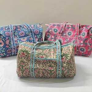 Bolsa de viagem de algodão com estampa em bloco, bolsa de viagem acolchoada floral, bolsa artesanal com estampa em bloco, bolsa de fim de semana, bolsa para pernoite, presente para mãe, bolsa de praia/academia