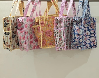 Hand Block Printed Cotton Lunch Box Bag Quilted Tote Bag Small Handy Mini Lunch Tote Bag Picnic Handy Bag Birthday Gift for kids bag