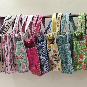 Quilted Cotton Mini tote bag Hand block printed small lunch bags, picnic shoulder bag, bridesmaids gifts, Handmade Birthday Gift for her image 15