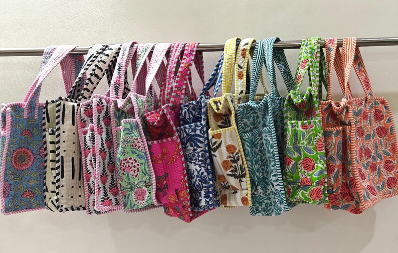 Quilted Cotton Mini tote bag Hand block printed small lunch bags, picnic shoulder bag, bridesmaids gifts, Handmade Birthday Gift for her image 15