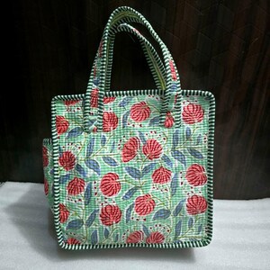 Quilted Cotton Mini tote bag Hand block printed small lunch bags, picnic shoulder bag, bridesmaids gifts, Handmade Birthday Gift for her Design 11