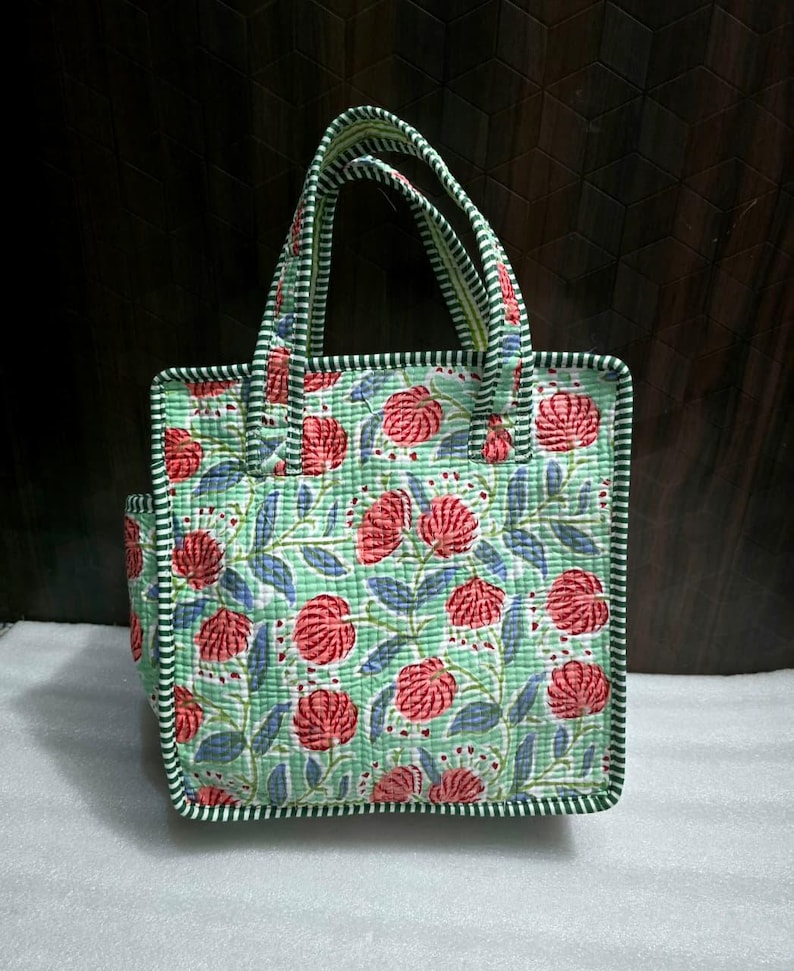 Quilted Cotton Mini tote bag Hand block printed small lunch bags, picnic shoulder bag, bridesmaids gifts, Handmade Birthday Gift for her Design 11